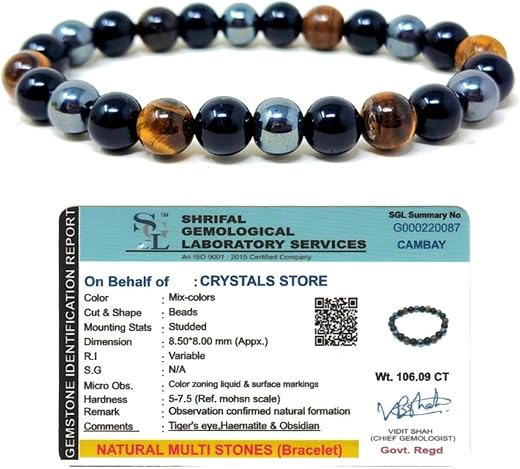 Real Crystal Triple Protection Bracelet for Men &amp; Women – Original Tiger Eye, Black Obsidian &amp; Hematite Stone – 8mm Healin...