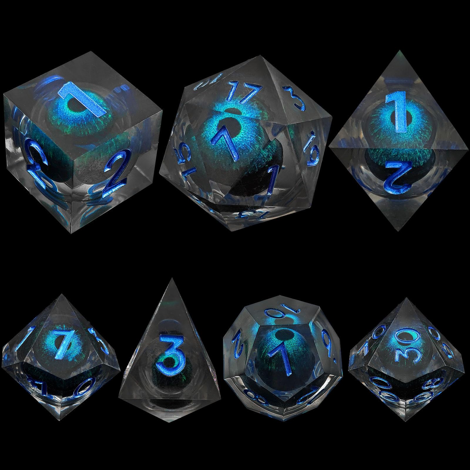 ORUZA 7 PCS Dragon Eye DND Dice Liquid Core D&D Dice Resin Sharp Edge Polyhedral D&D Dice Set for Dungeons and Dragons Role Playing Die D20 D12 D10 D8 D6 D4 D%