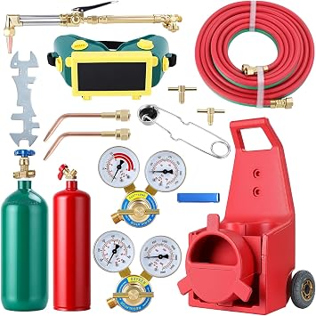 Oxy Acetylene Welding Kit with Tanks, Portable Cutting Brazing Torch Set, Regulator Gauge Brass Nozzle Long Hose Red