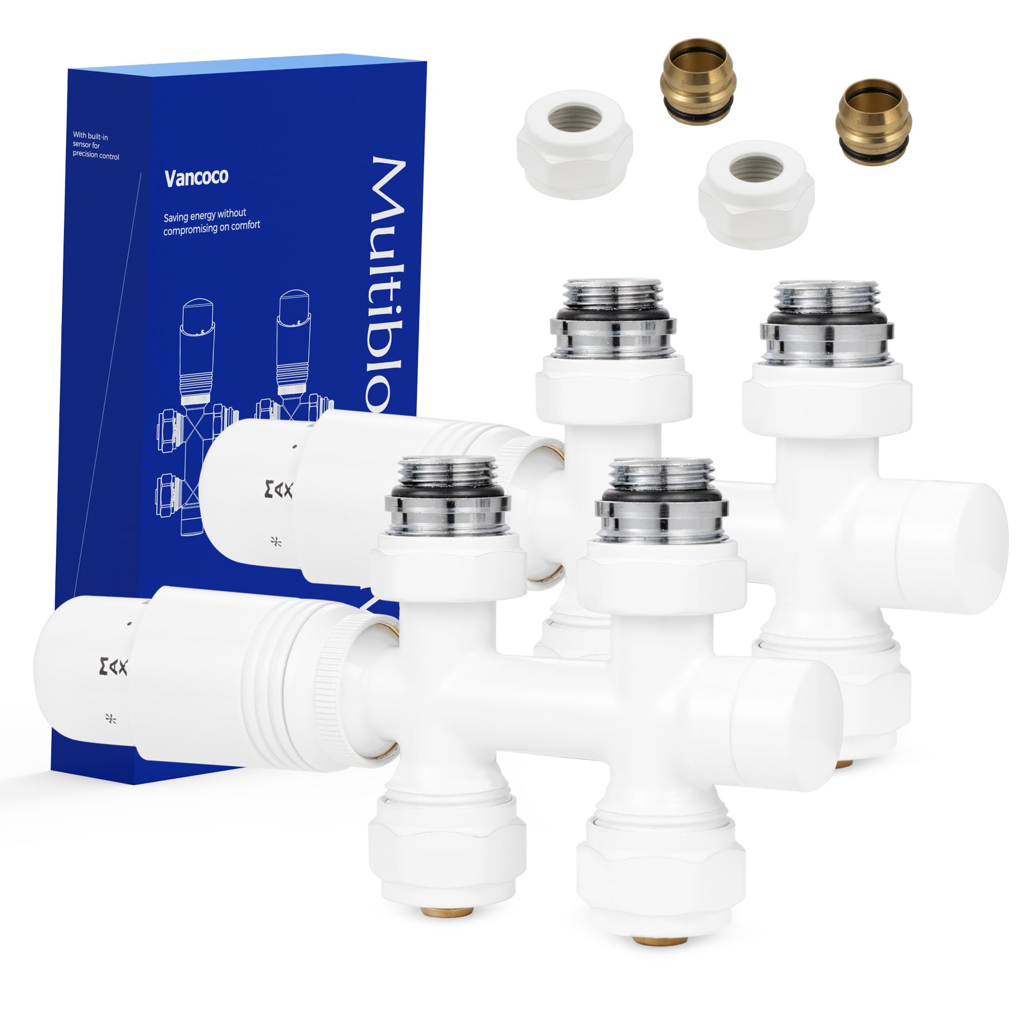 VANCOCO 2Stk. Multiblock mit Thermostat für Heizkörper 50mm Nabenabstand, Hahnblock, Ventil-Armaturen Set in Durchgangsform mit Eurokonus für Ø16×2 mm Kunststoff- und Ø15mm Kupferrohre (Weiß)