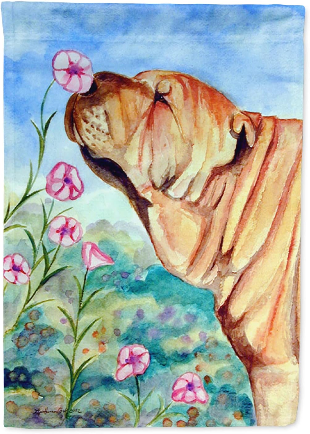 Caroline's Treasures 7105CHF Shar Pei Smell The Flowers House Flag Large Porch Sleeve Pole Decorative Outside Yard Banner Artwork Wall Hanging, Polyester, House Size, Multicolor