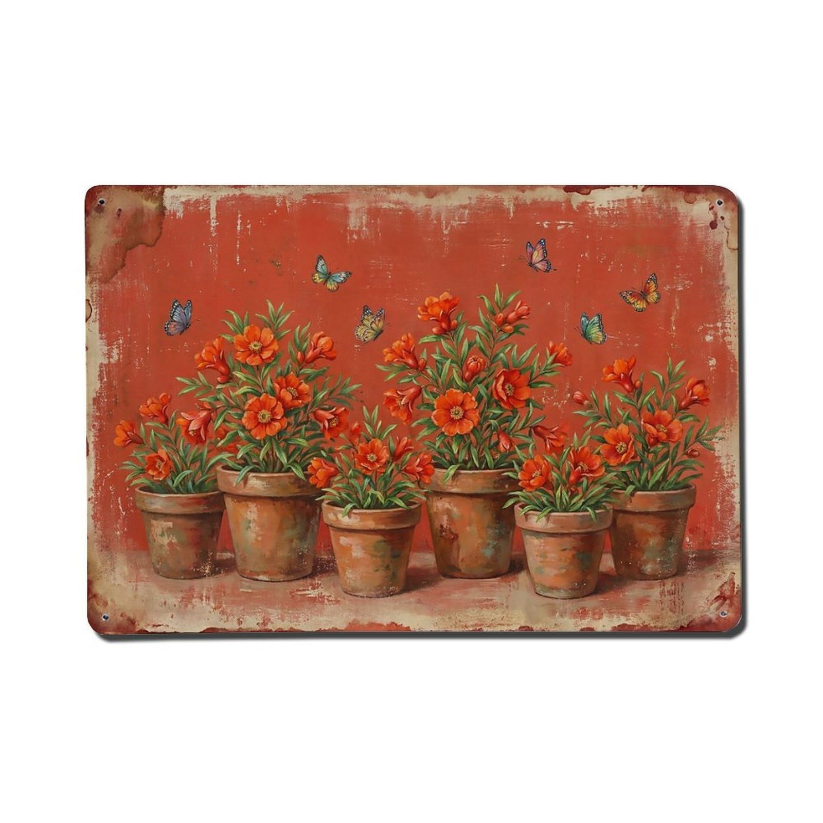 Vintage Rustic Flower Potted Plants Pomegranate Metal Tin Sign