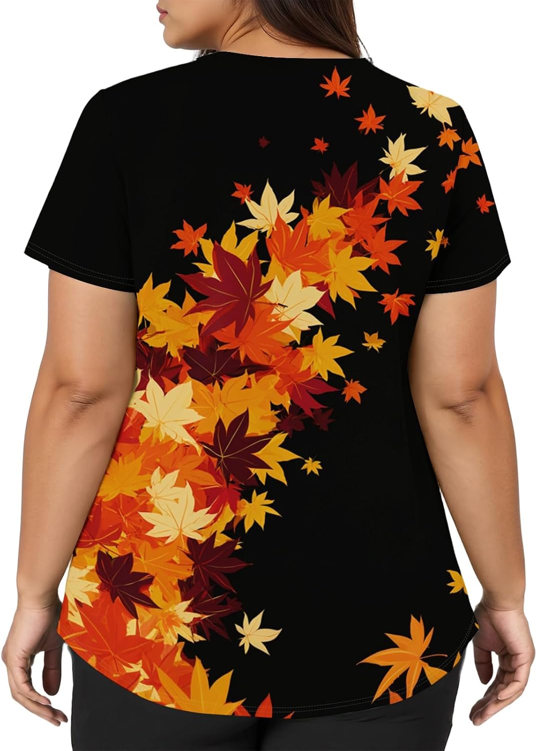 Womens Scrubs Autumn Fall Leaf Print V Neck Short Sleeve Scrub Tops