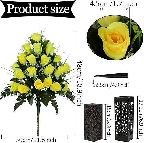 Miniatura 8 de Kukooka Flores artificiales de cementerio, flores conmemorativas con jarrón, decoración de ramo de rosas artificiales para lápidas de cementerio,