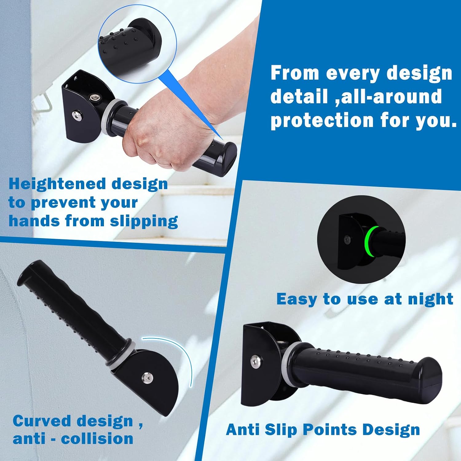 Upgrade Fluorescence Flip Up Grab Bars for Wall, 7.5 inch Folding Doorway Assist Handle, Mobility Aids, Non-Slip Grip Bar Great for Elderly Seniors, Handicap, Support Up to 320 Pounds (Black)