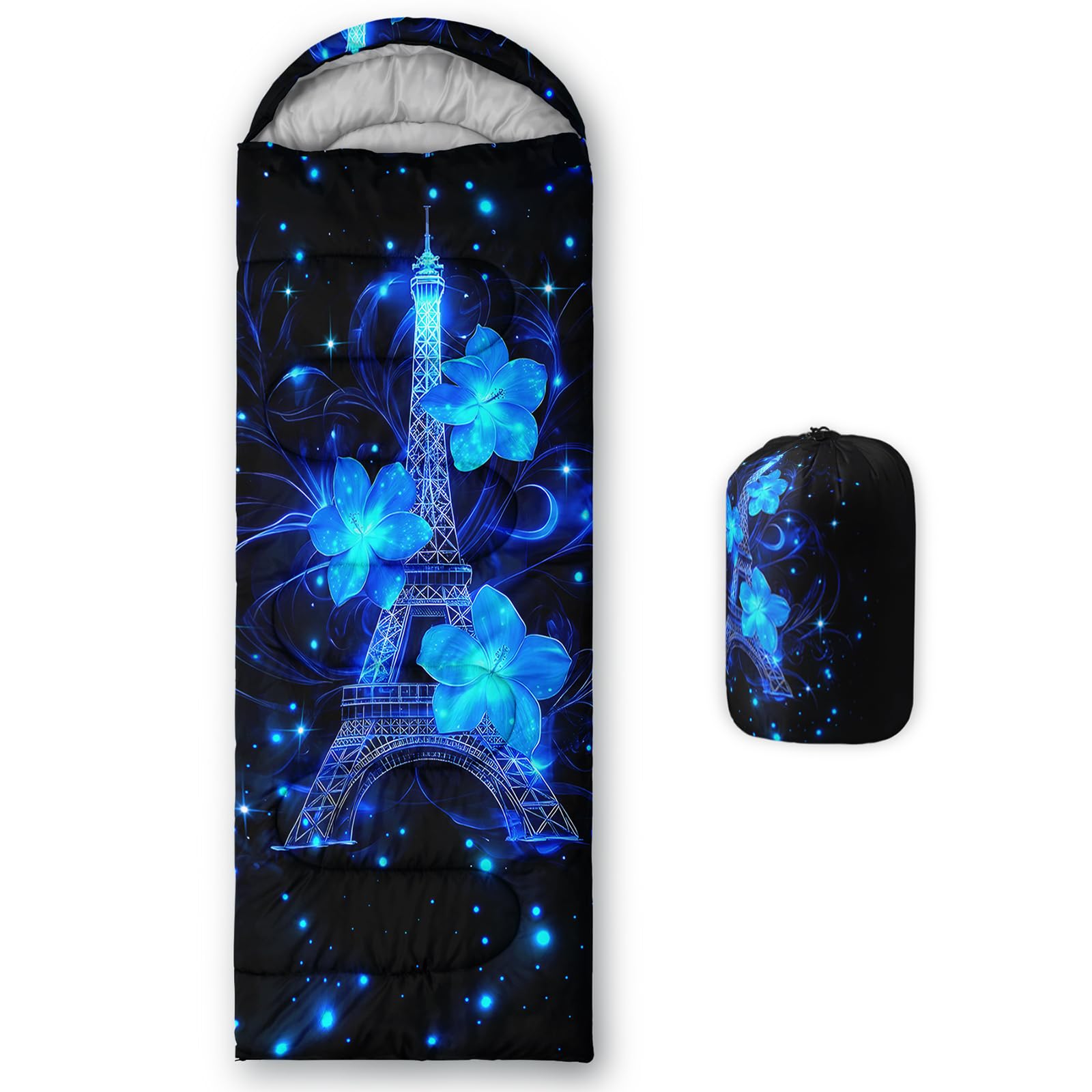 QOOMO Eiffel Towel Printed Camping Sleeping Bags,3 Season Warm & Cool Weather,Lightweight,Waterproof Sleeping Bags for Adults & Kids,Traveling,and Outdoors,31x90inch