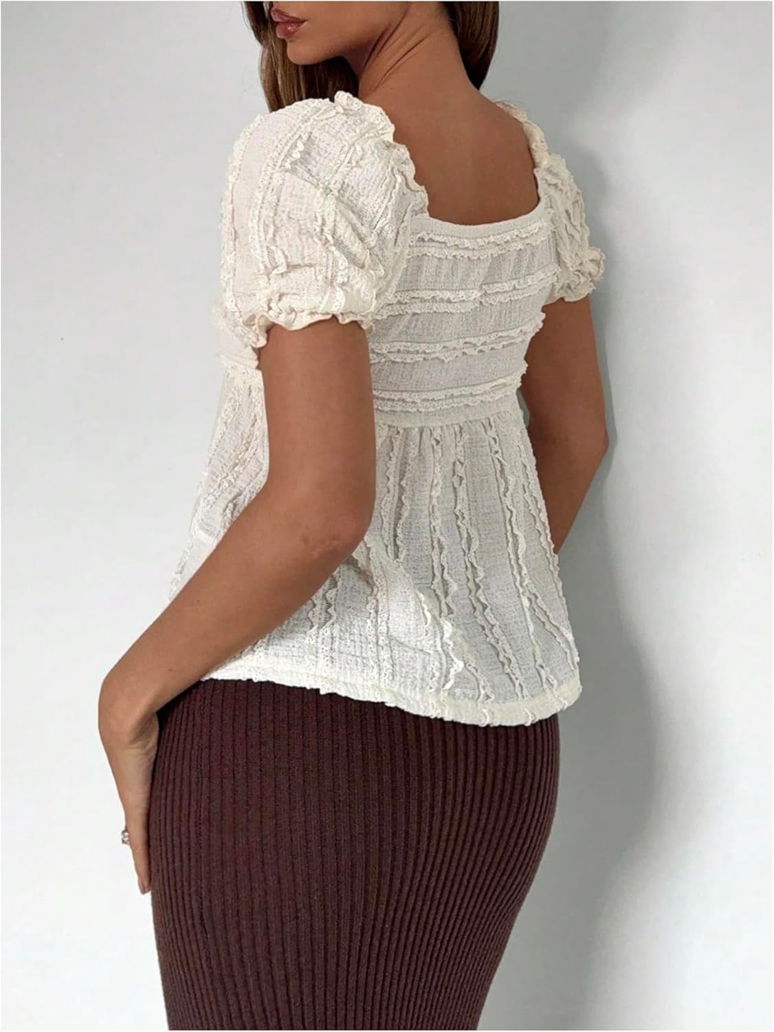 GORGLITTER Women's Frill Trim Peplum Babydoll Tops Puff Short Sleeve Sweetheart Neck Coquette Shirt - Image 2