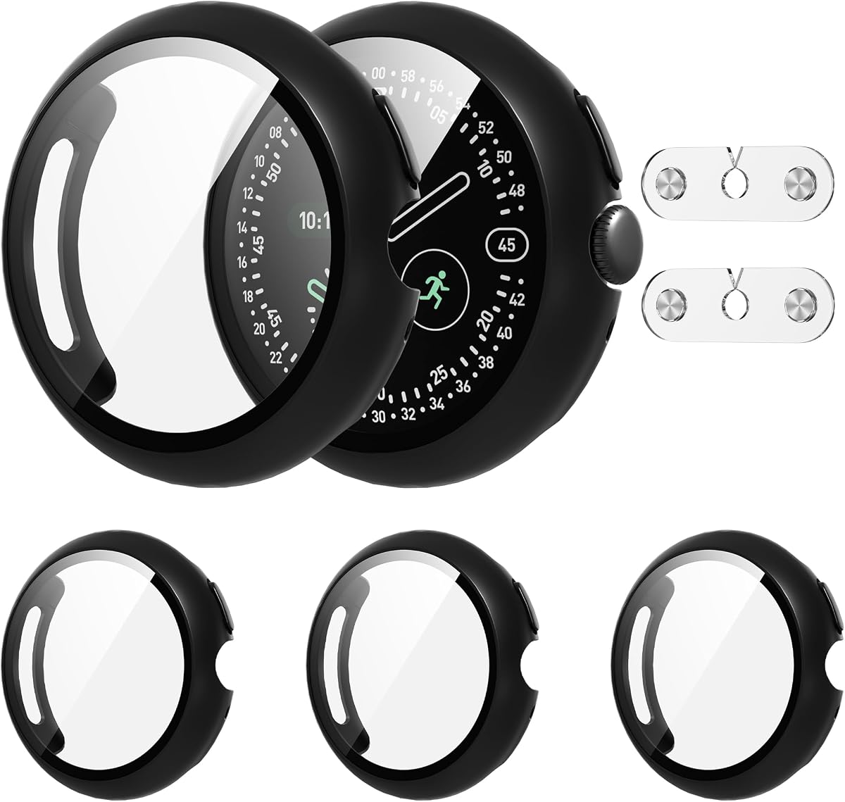 Suoman 4-Pack Case for Google Pixel Watch 4 45mm Screen Protector with 2*Charging Accessories, All-Around Hard PC Anti-Scratch No Bubble Tempered Glass Cover-Black