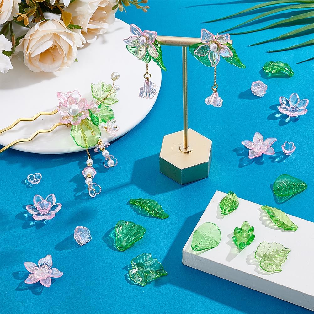PH PandaHall 120pcs Green Leaf Beads Pink Flower Beads 12 Styles Transparent Acrylic Bead Crystal Loose Spacer Bead for Phone Charms Keychains Earrings Jewelry Bracelet Beading Crafting - Image 2
