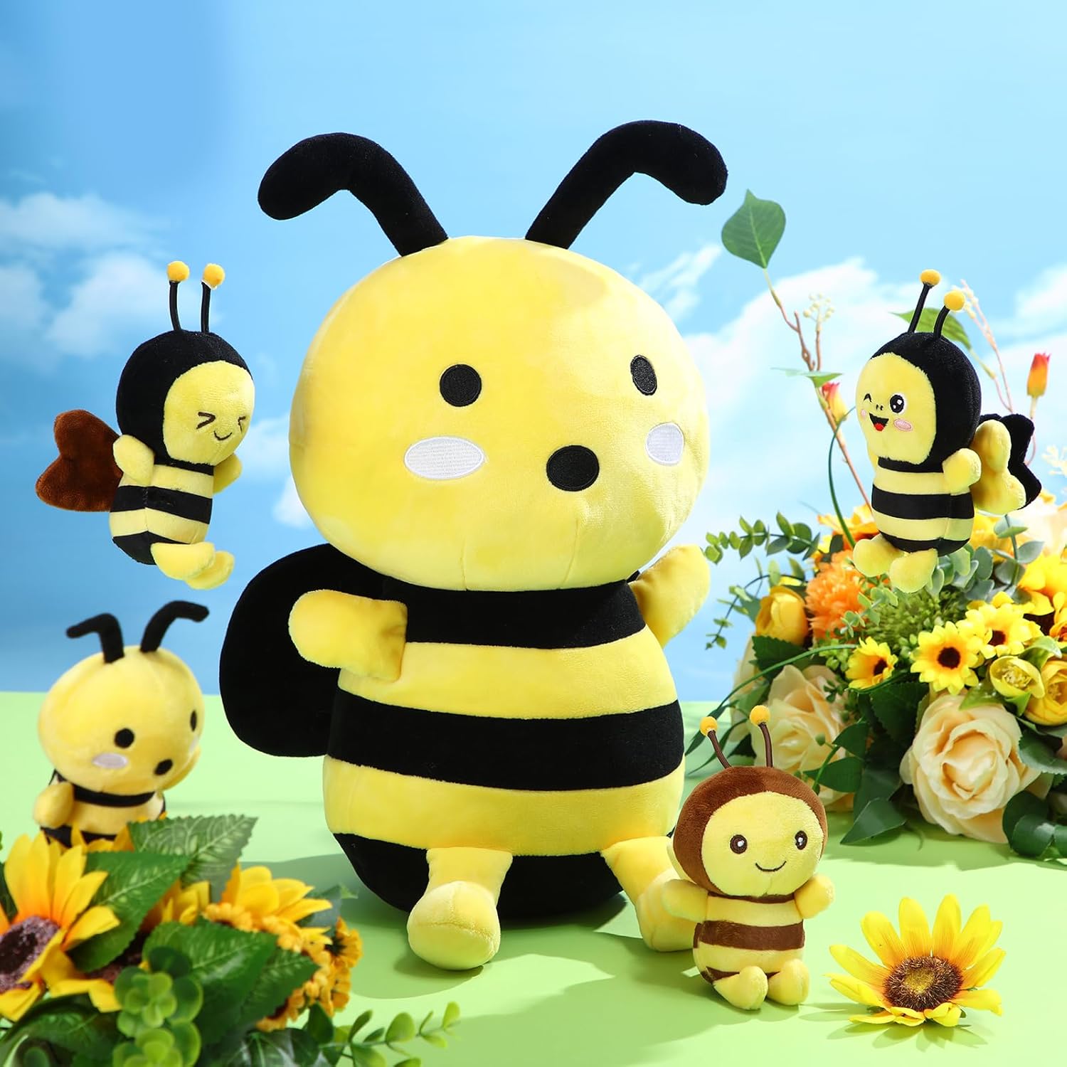 Aoriher 5 Pcs Stuffed Animals 1 Large Plush Bee and 4 Cute Plush Baby Soft Bees for Birthday Gifts, Baby Shower Theme Party Decorations