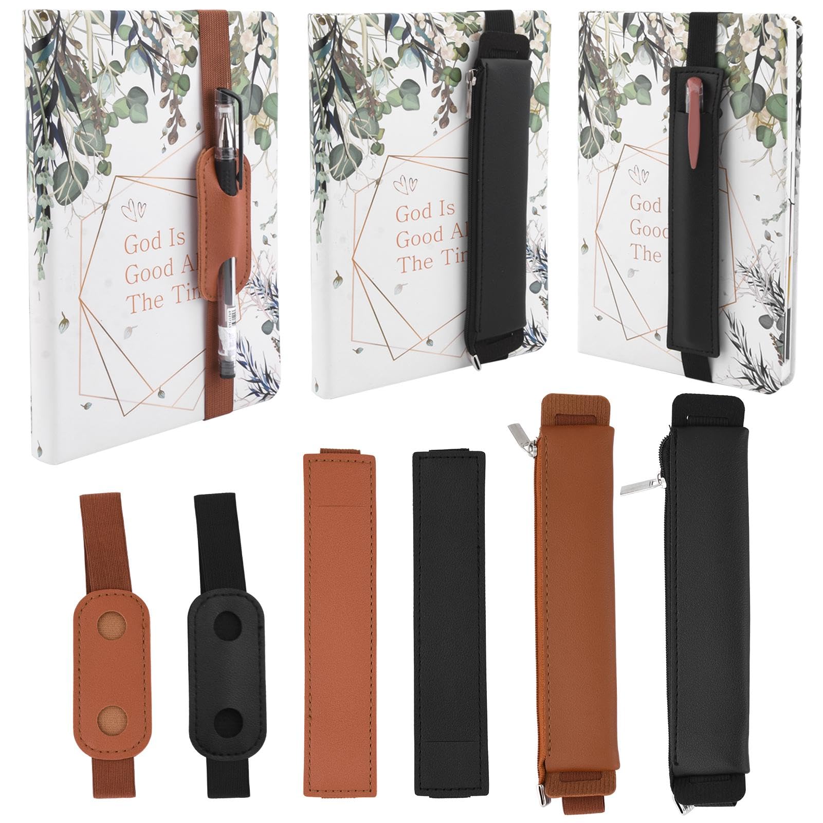Fiacvrs 6PCS Pen Holder for Notebook, Adjustable Elastic Band Pen Holder, PU Leather Pencil Holder, Pens Sleeve Pouch, for Journals Notebooks Books Planners Rigid Tablet Gift, Detachable