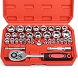 34 Pieces 3/8 inch Drive Socket Ratchet Wrench Set, with Socket Set Metric/SAE and Extension Bar for Auto Repairing and Household, with Storage Case