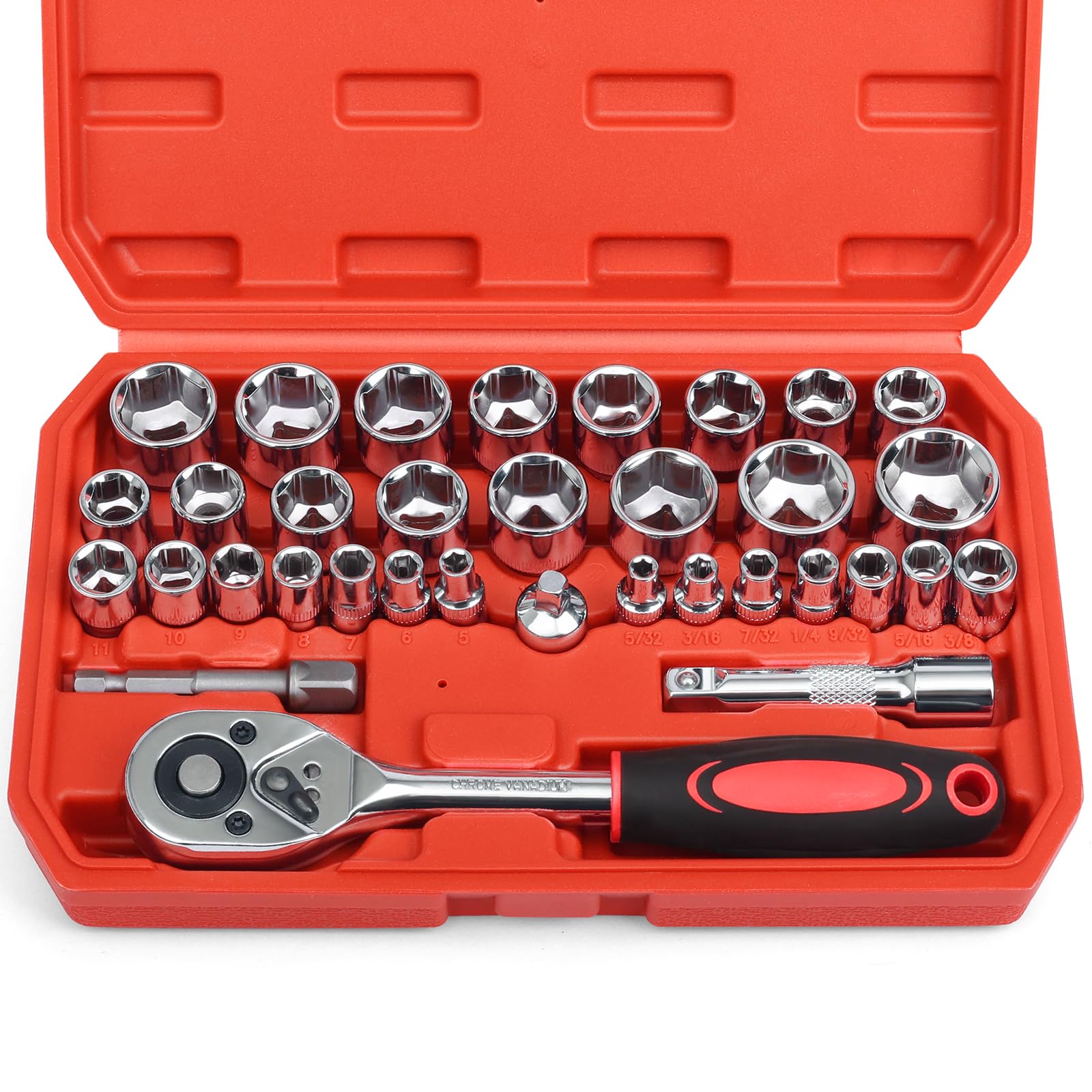 Egofine 34 Pieces 3/8 inch Drive Socket Ratchet Wrench Set, with Socket Set Metric/SAE and Extension Bar for Auto Repairing and Household, with Storage Case 3/8" 34 PCS