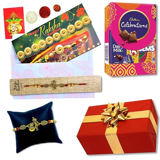 Almoda Creations Elegant Rakhi Gift Set For Brother Rakhi Gift Combo with Chocolates Roli Moli Tilak and Personalized Message Rakhi Greeting Card