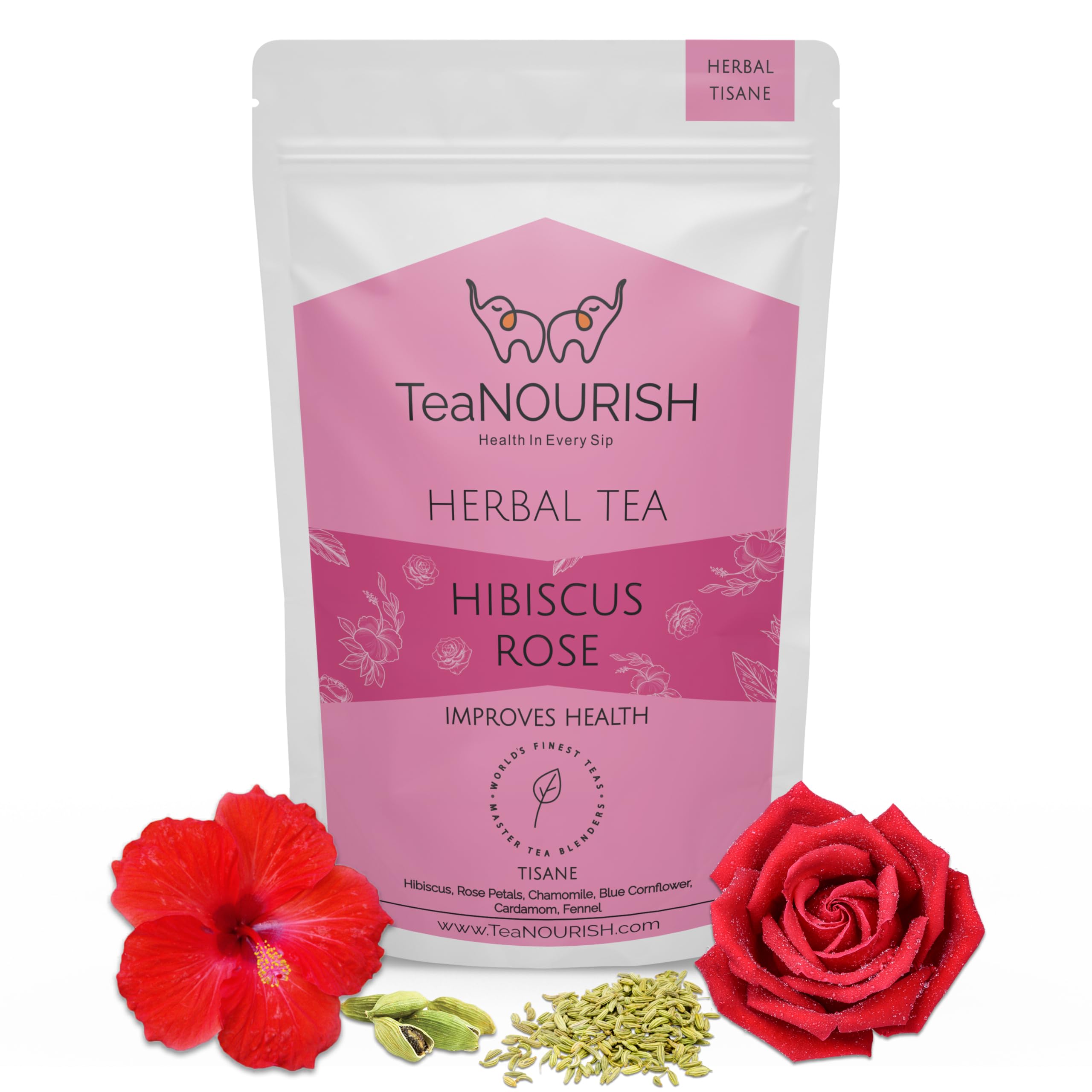 TeaNOURISH Hibiscus Rose Herbal Tea | CAFFEINE-FREE | Hibiscus, Rose, Chamomile, Blue Cornflower, Fennel, Licorice | Brew Hot or as Iced Tea- 50 g - 50 g (Pack of 1)