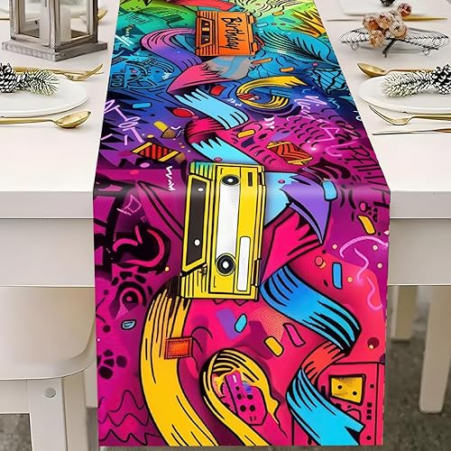 Miniatura 5 de JCJT Camino de mesa retro para fiesta de cumpleaños, diseño de graffiti de neón, poliéster, 70.86 x 13.78 pulgadas, lavable a máquina, tema de los