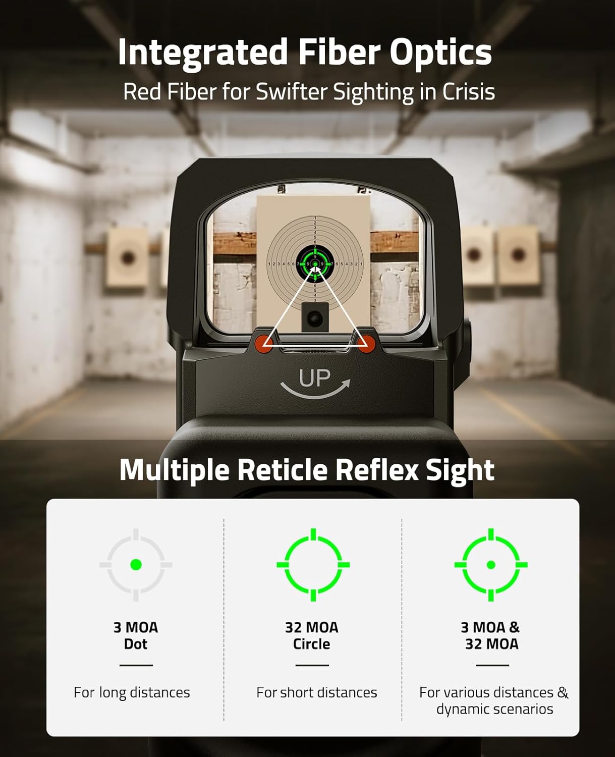 CVLIFE WolfCovert X 3 MOA Dot & 32 MOA Circle Red/Green Dot Sight for RMS RMSc, Motion Awake Fiber Optic Scope for Compact Pistol, 3500G Shockproof Open Reflex Sight with Adapter for RMR/MOS/Picatinny