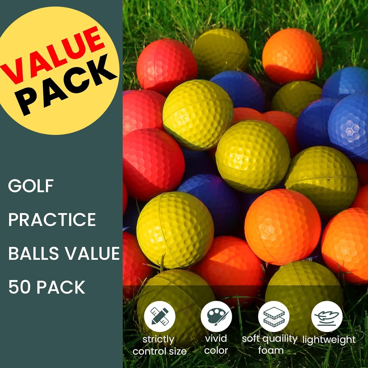 FINGER TEN Golf Practice Balls Foam Colored Value 12 24 50 Pack, Golf Ball Limited Flight for Indoor Outdoor Driving Range Backyard Training