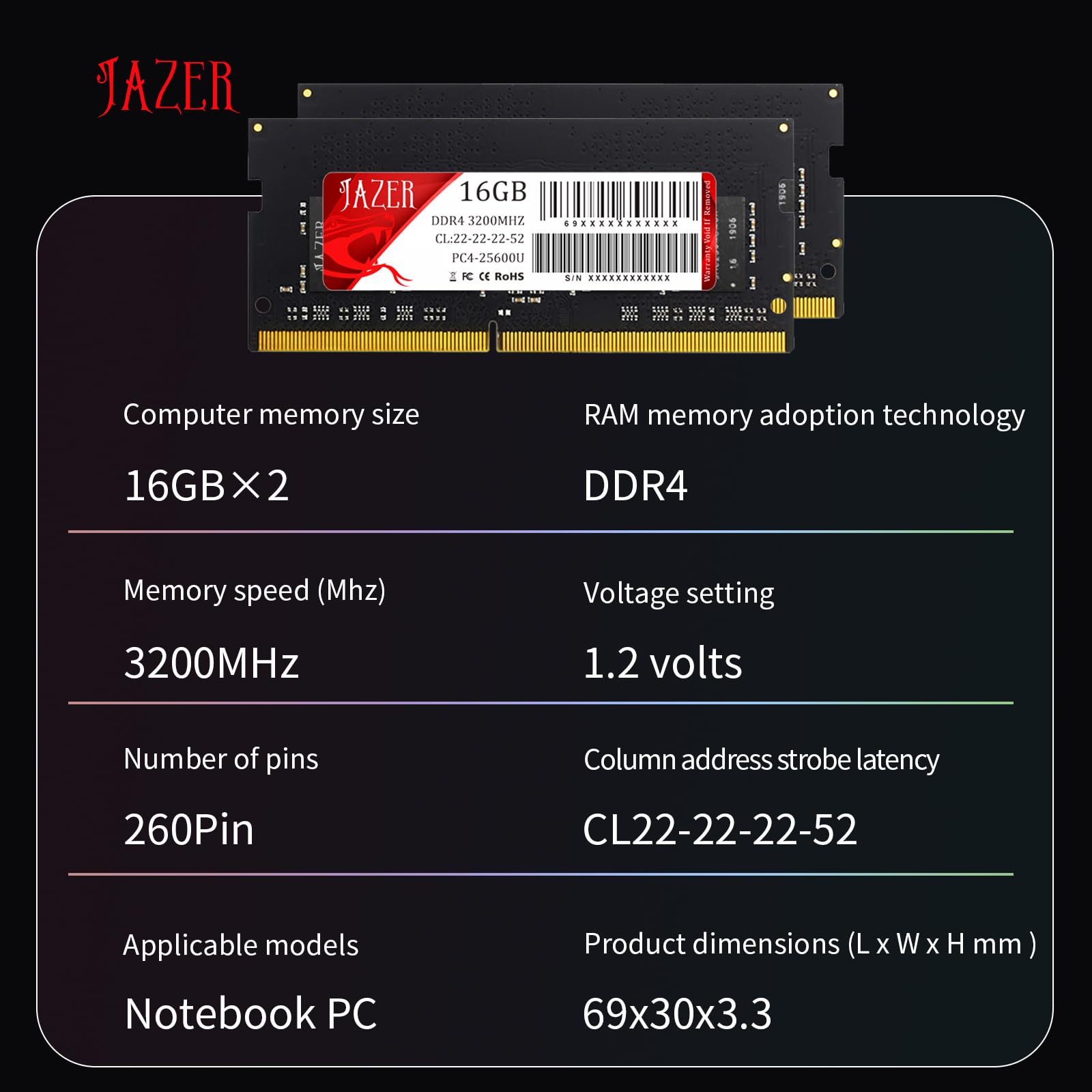JAZER RAM DDR4 32GB (2x16GB) 3200MHz SODIMM CL22, 260-Pin, 1.2V, pamięć Operacyjna do Laptopa/Notebooka, Mini PC, Wysoka Wydajność Pamięci