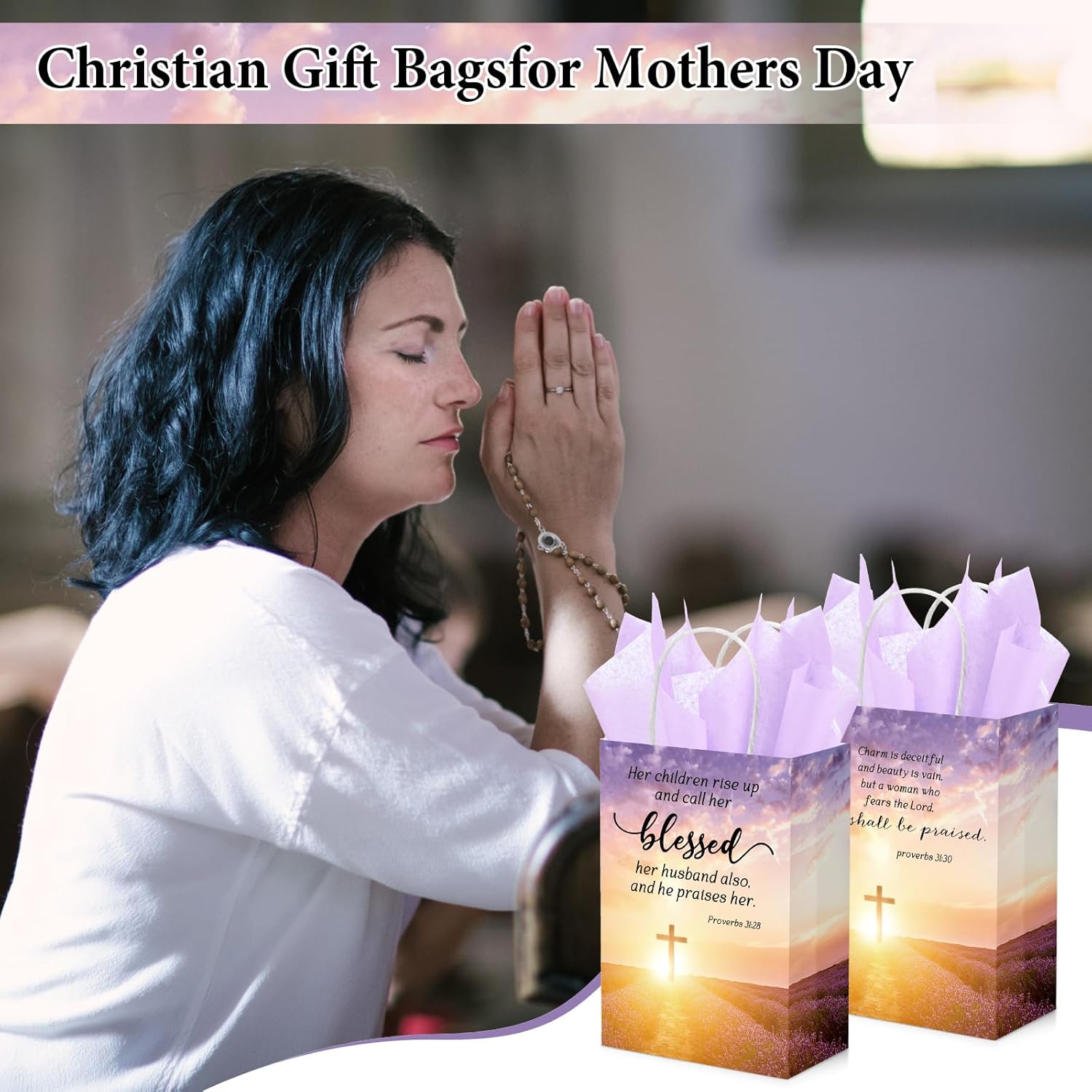 Coume 100 Pcs Mothers Day Church Gifts Bags Bulk with Tissue 8.27 x 5.91 x 3.15 Inches Christian Religious Bible Verse Baptism Paper Gifts Bags with Handles for Women Mom Church Party Favor