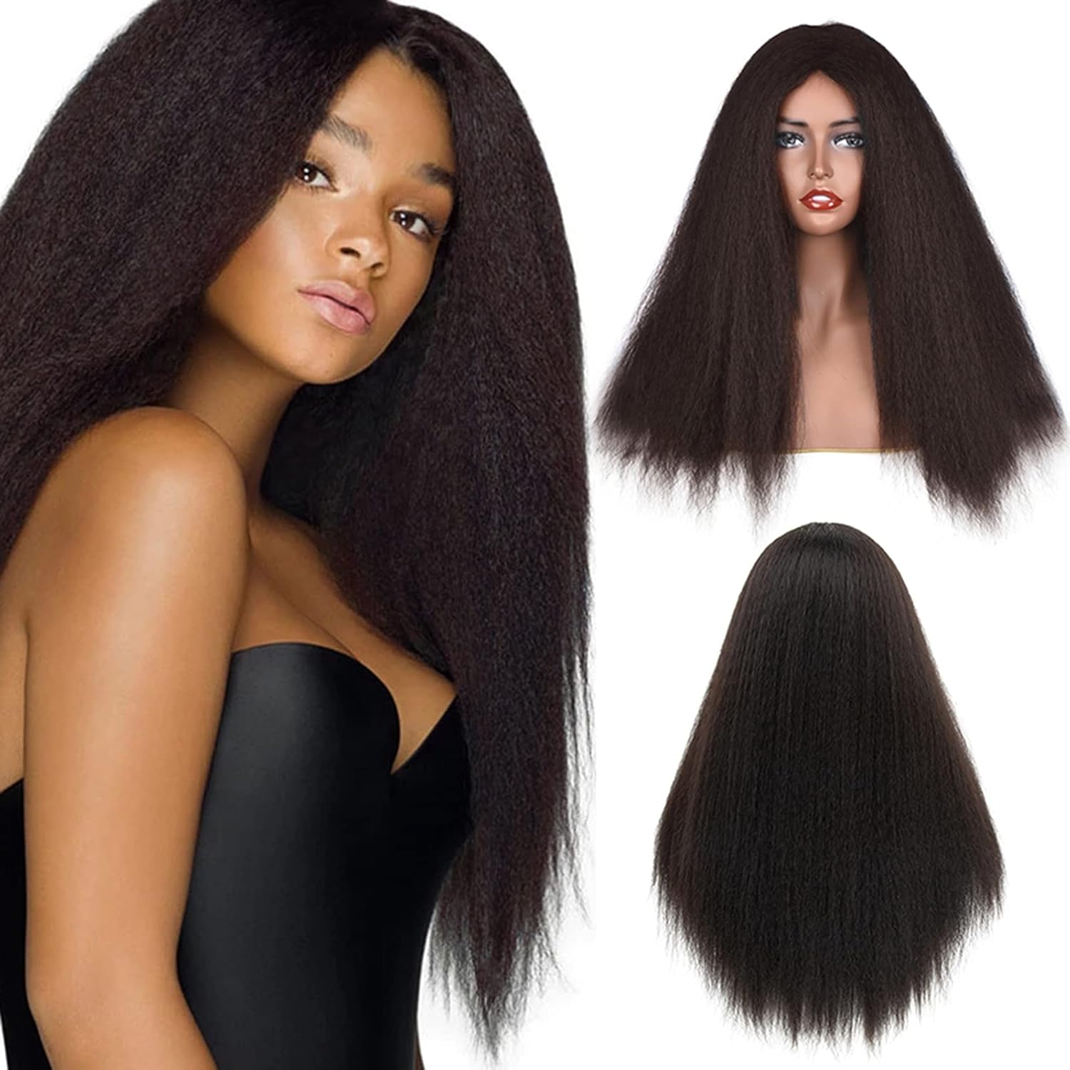 Buy VADES 24 Inch Kinky Straight Wig Long Brown Color Wig Synthetic