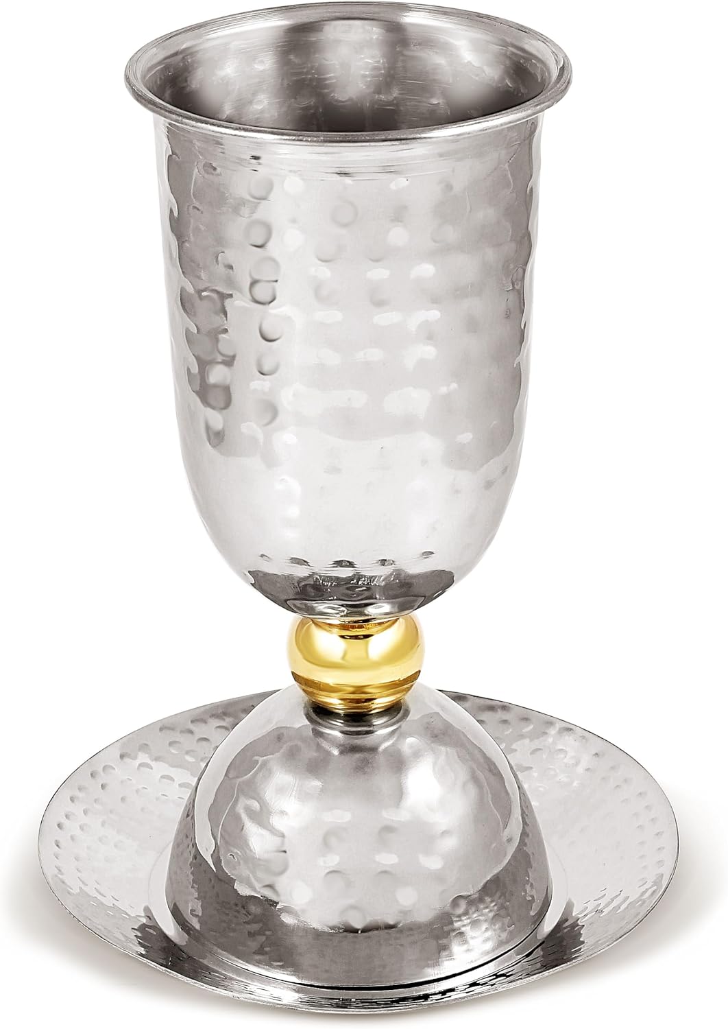 Zion Judaica Luxurious Modern Kiddush Cup Set 10 oz Full Size Stainless Steel Hammered 6.25" Tall Goblet Wine Cup with Matching Tray For Shabbat Passover Seder Elijah Cup Bar/Bat Mitzvah Wedding Gift