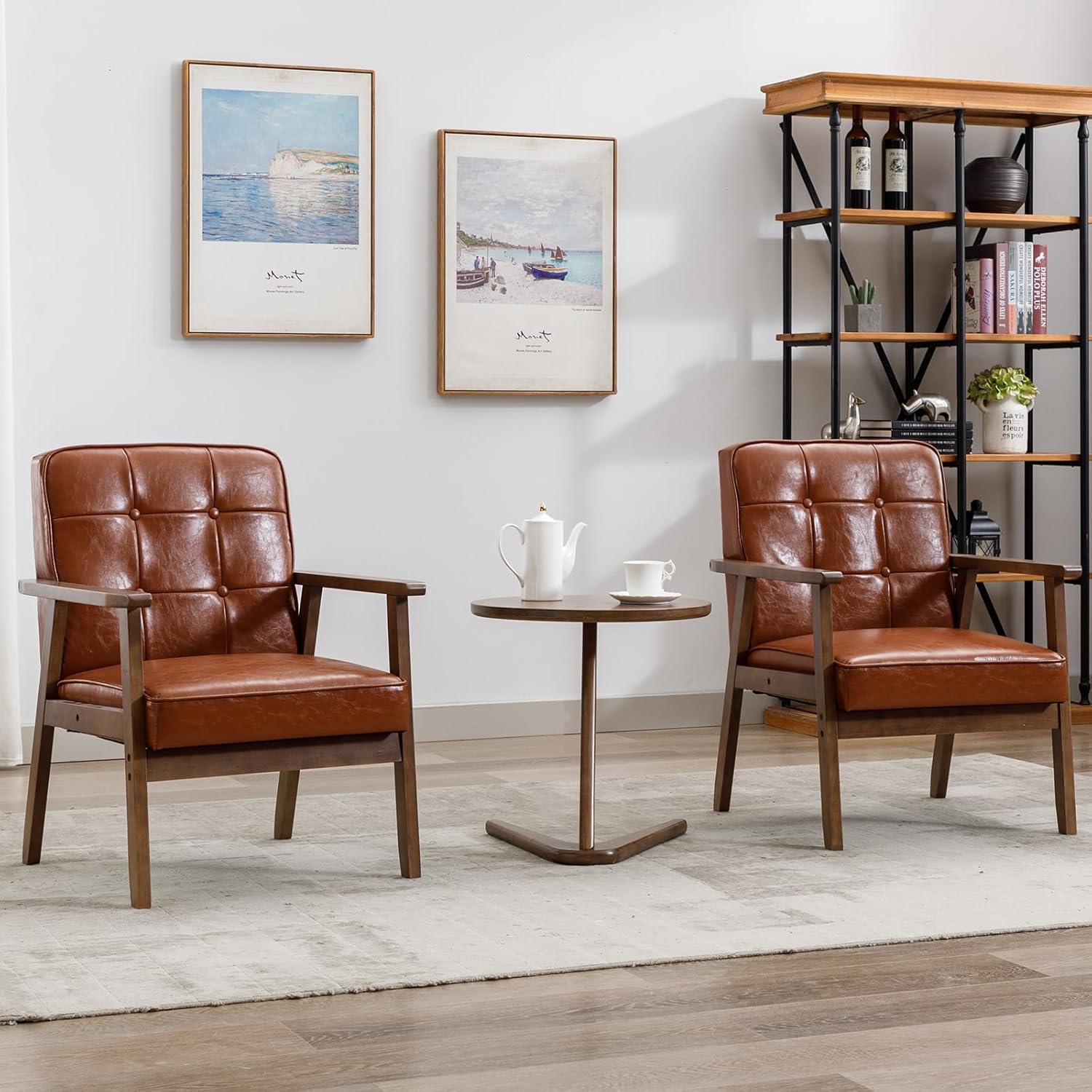 Okeysen Accent Chairs Set of 2, Mid Century Modern Accent Chair, Retro Wood and Leather Armchairs Side Chair, Lounge Reading Comfy Arm Chair for Living Room, Bedroom, Office(Brown)