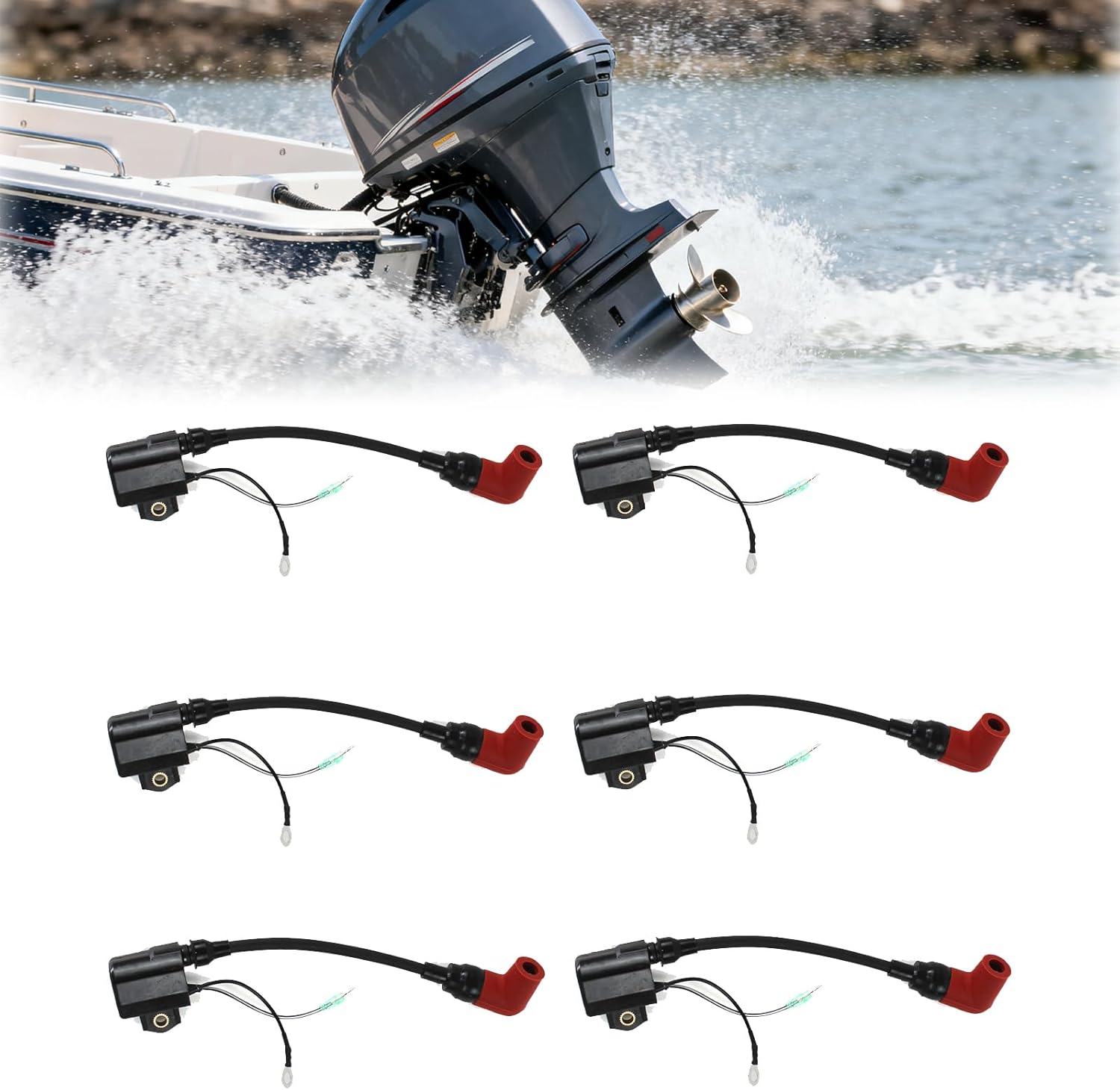 6pcs Heavy Duty Ignition Coils 6R3-85570-01-00 for Yamaha Outboard 100HP 115HP 130HP 140HP 150HP 175HP 200HP 225HP 2-Stroke Engine, Direct OE Replacement for 6R3-85570-00-00