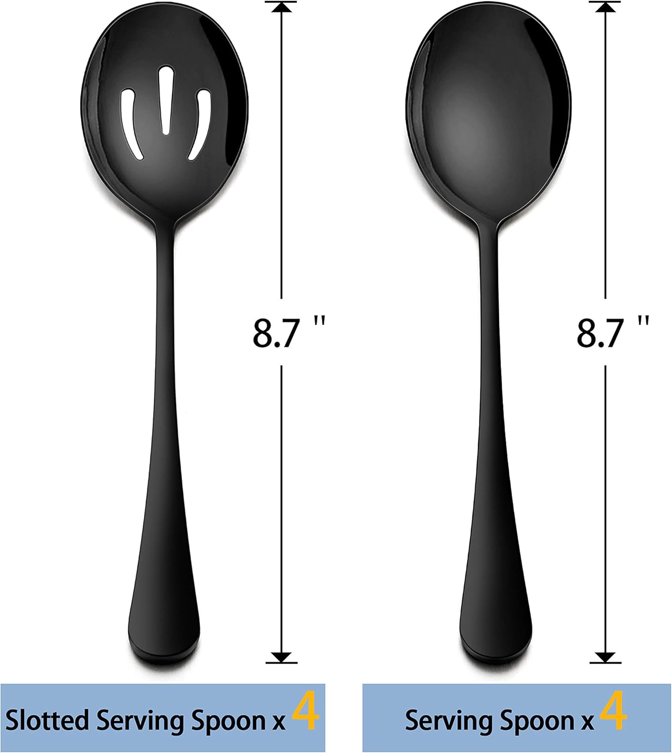 Homikit Stainless Steel 4 Black Serving Spoons, 4 Black Slotted Serving Spoons, Metal Buffet Dinner Party Banquet Restaurant Catering Serving Utensils, Shiny Mirror Polished, Dishwasher Safe