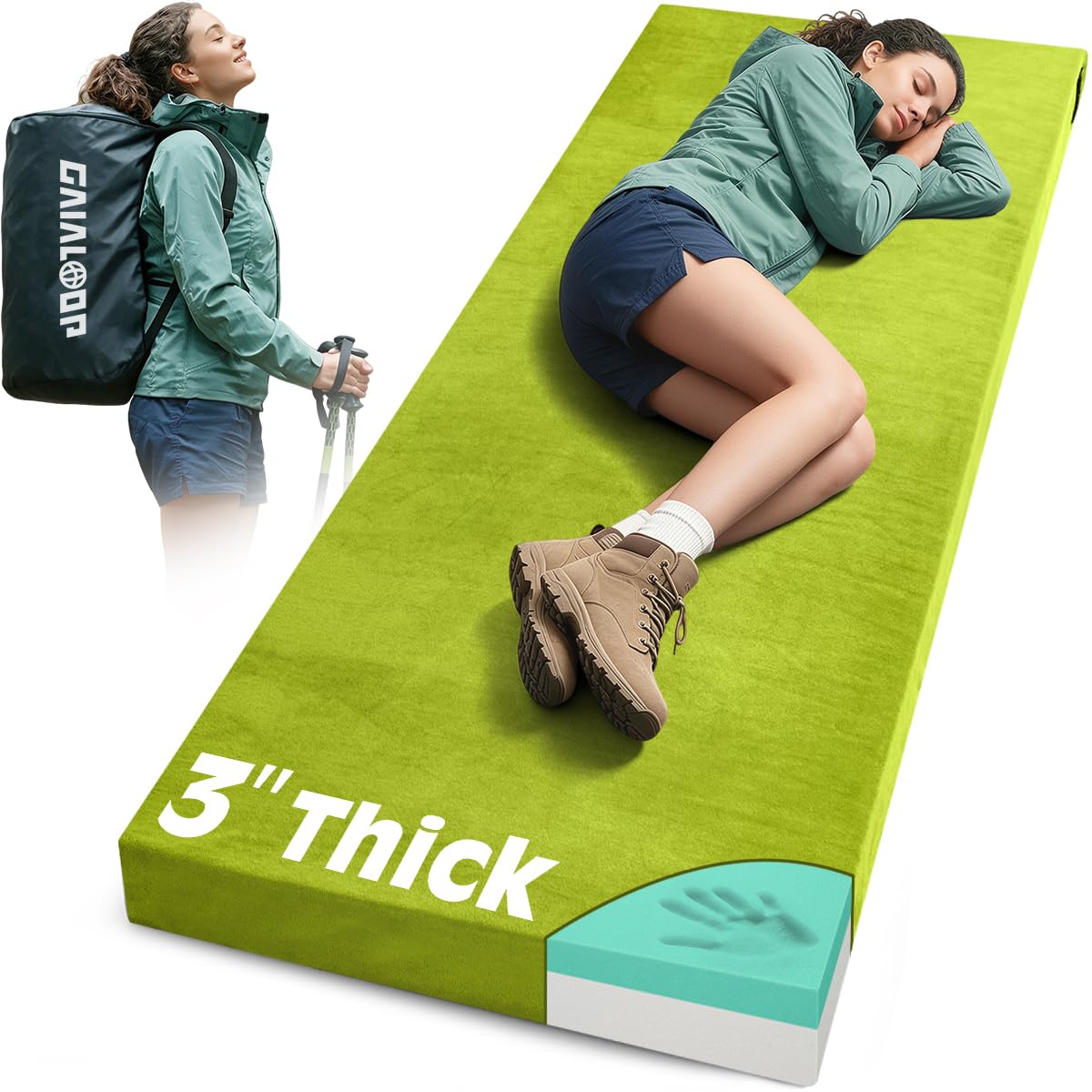 Memory Foam Cot Mattress, 3 Inch Camping Sleeping Pad, Avocado Green
