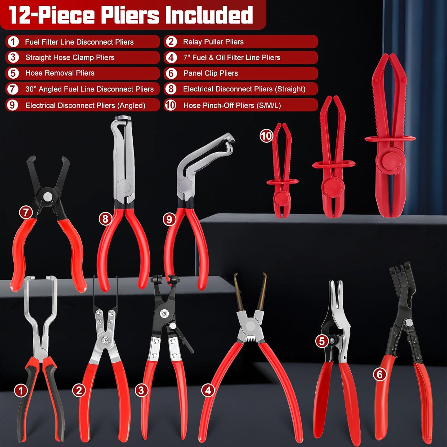 38-Piece Automotive Hose Clamp Pliers Set, 12 Specialty Pliers + Trim & Terminal Removal Tools Kit, Fuel Line Disconnect, Electrical Connector Separator, 3 Hose Pinch-Off Clamps (S/M/L), Storage Case