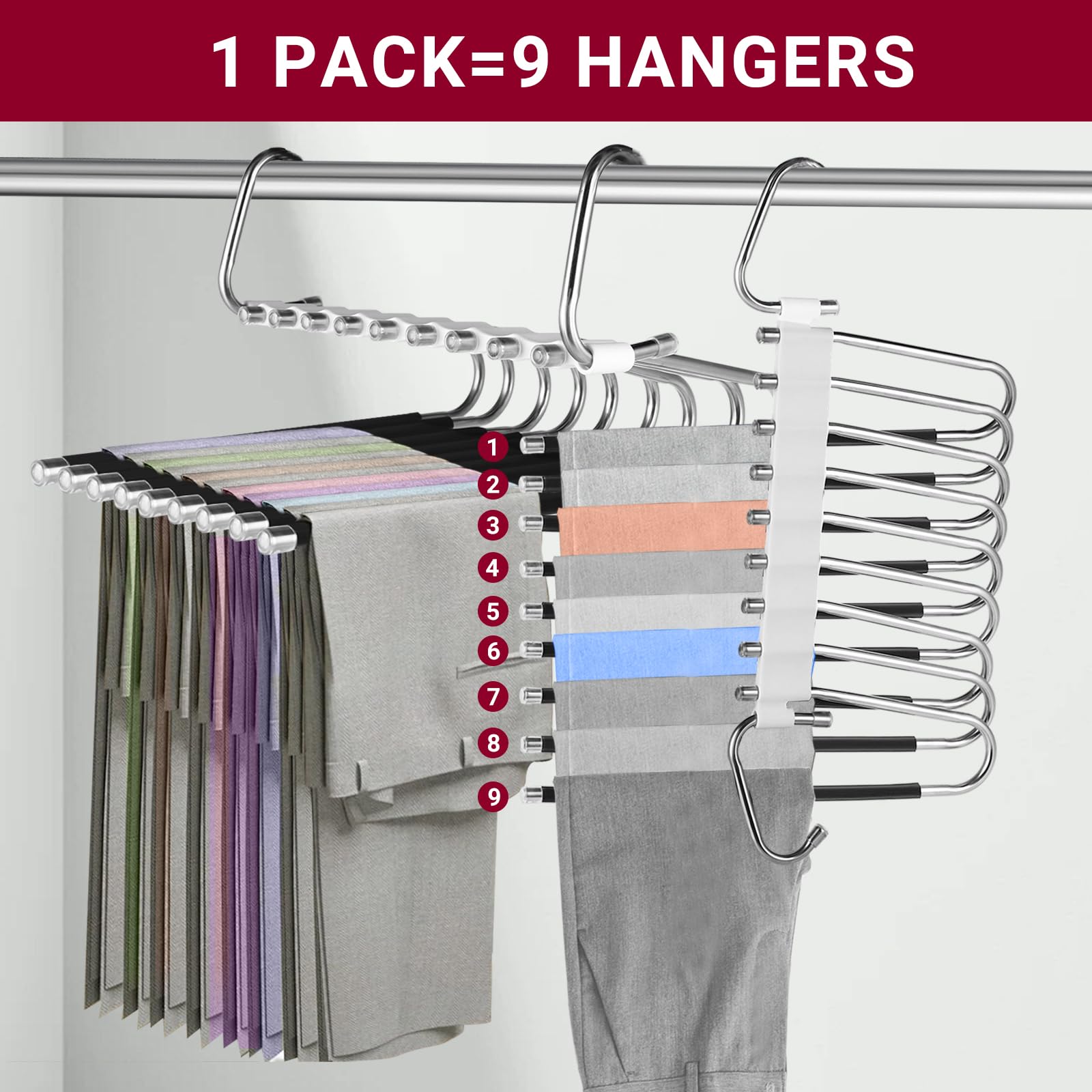 Baxcdyswe 9 In 1 Grucce Pantaloni, Appendini Armadio Appendi, Acciaio Inossidabile Appendino Antiscivolo Multifunzionali Portapantaloni Appendiabiti per Pantaloni, Sciarpe, Jeans, Vestiti