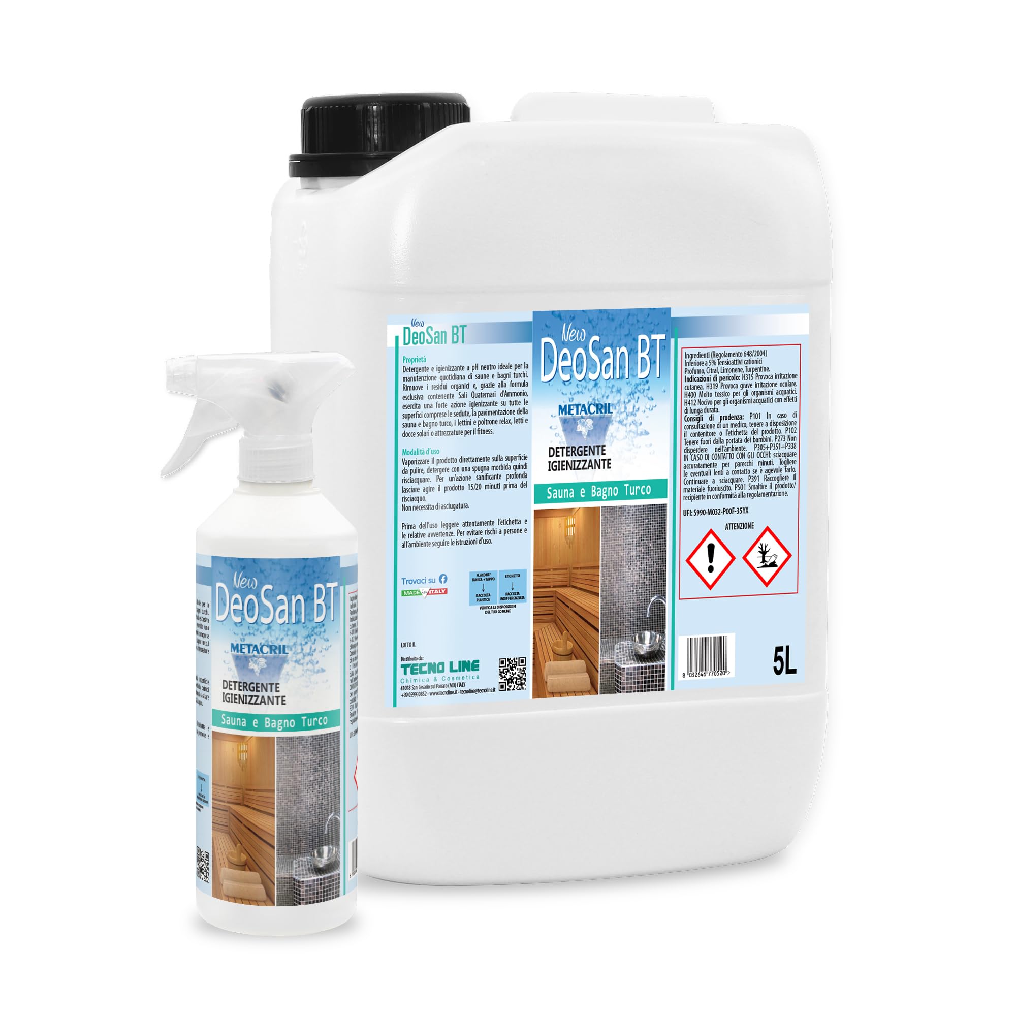 Metacril New DeoSan BT + Flacone Vapo, Detergente e Deodorante - 5 LT | ideale per Sauna e Bagno Turco