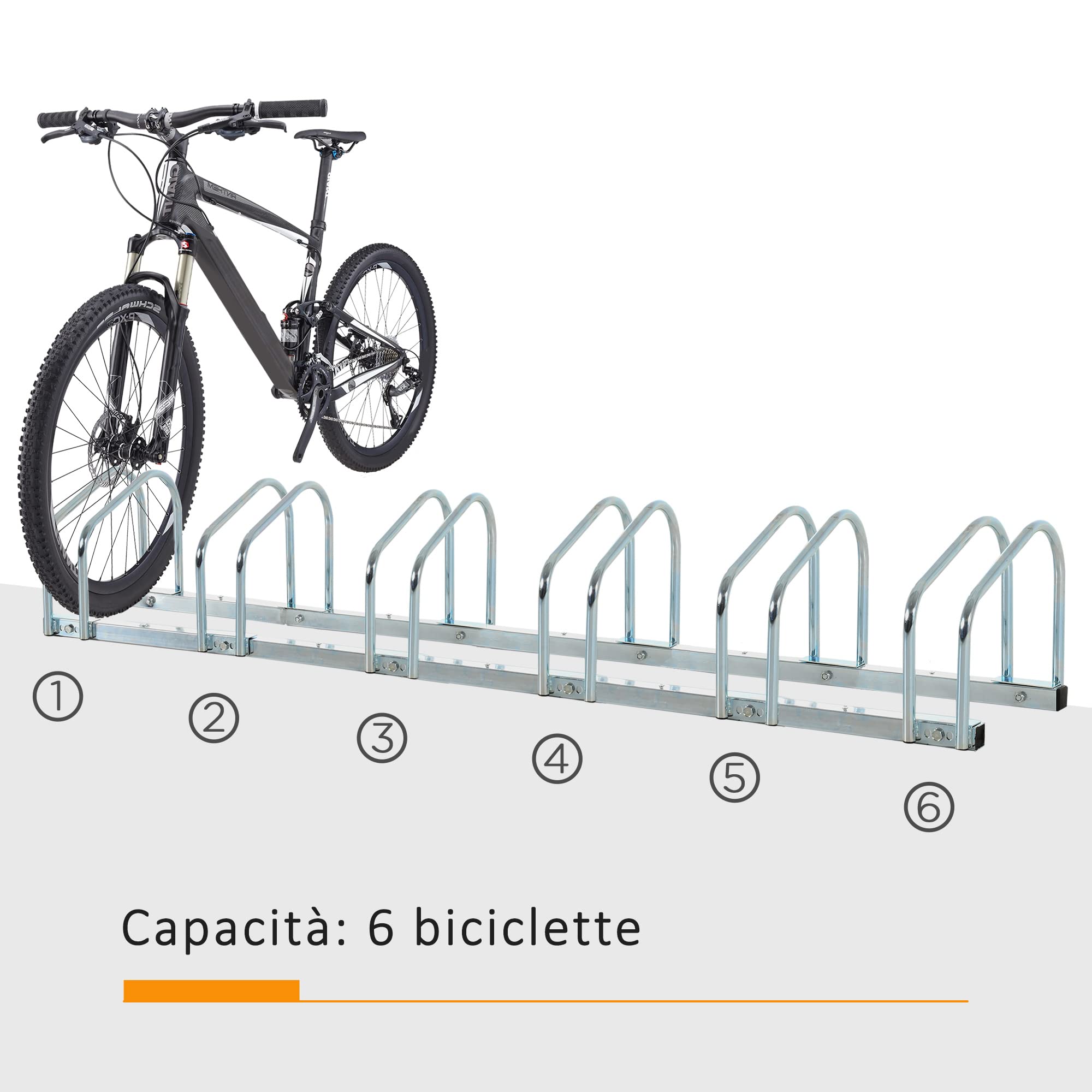HOMCOM Rastrelliera Biciclette da Pavimento o Parete, Portabici da Terra per 6 Biciclette in Acciaio, Ruote Fino 65 mm, 179x33x27 cm, Argento