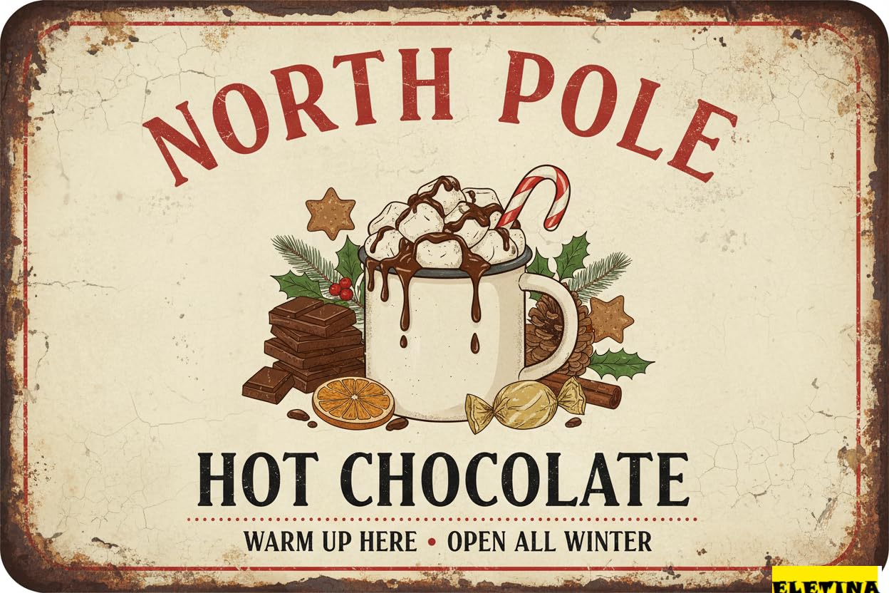 Vintage Metal Tin Sign North Pole Hot Chocolate Warm Up Here Open All Winter Home Wall Decor Kitchen Bakery Coffee Bar Farmhouse Restaurants Cafe 8x12 Inch Christmas Decorations