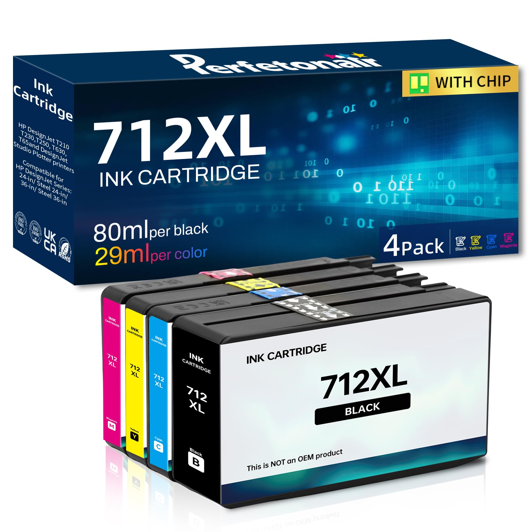 712XL Ink Cartridges High Yield Replacement for HP 712 712XL Ink Cartridges Combo Pack Compatible with HP DesignJet T210 T230 T630 T650 Studio Plotter Printer(4 Pack, 80-ml Black, 29-ml Color)