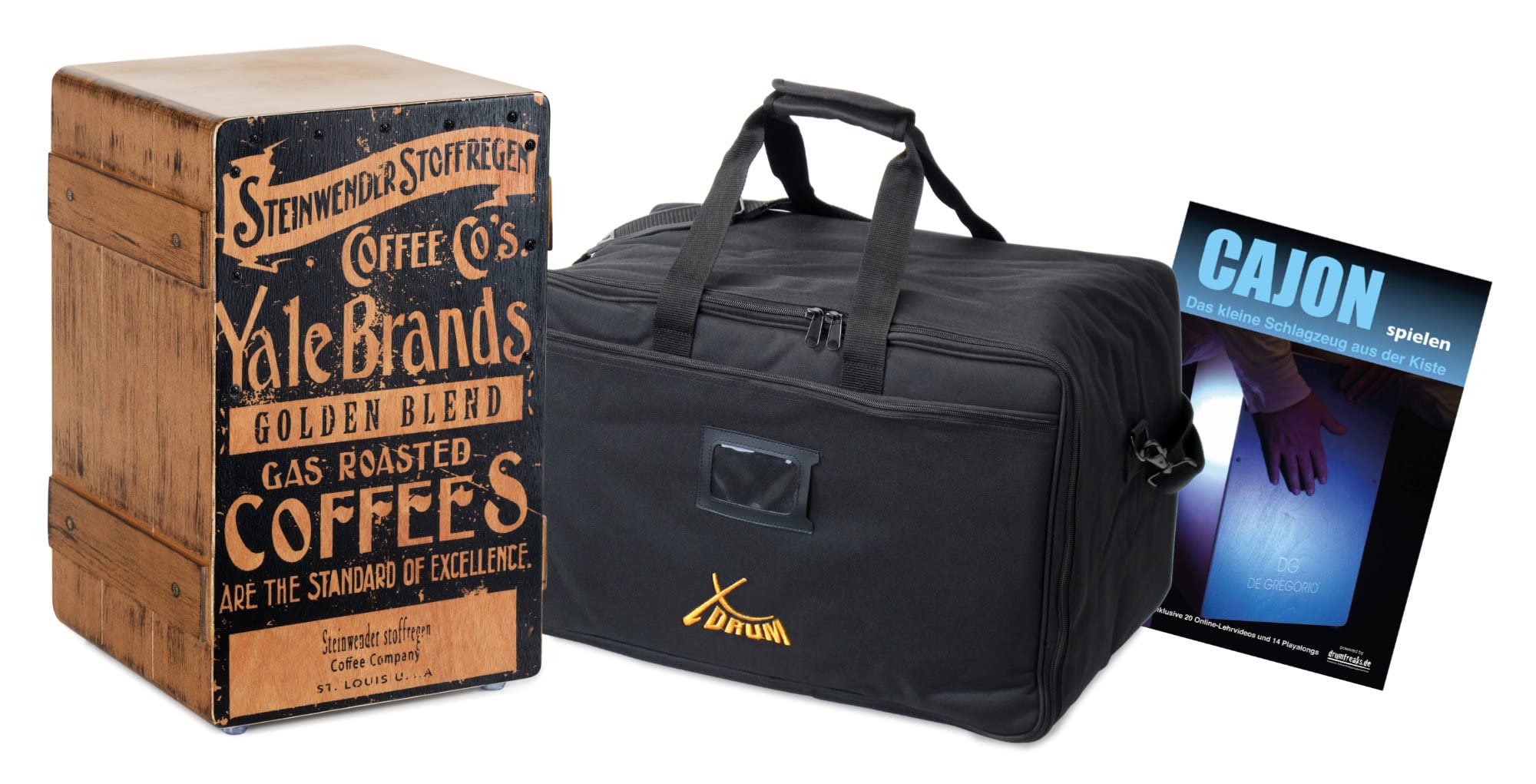 XDrum Design Series Cajon “Coffee” Set - Designer-Cajon mit Vintage-Aufdruck - Integrierter Bass Port - Korpus aus HPL in Bananenkisten-Optik - Snare-Effekt - inkl. Tasche und Cajon-Schule
