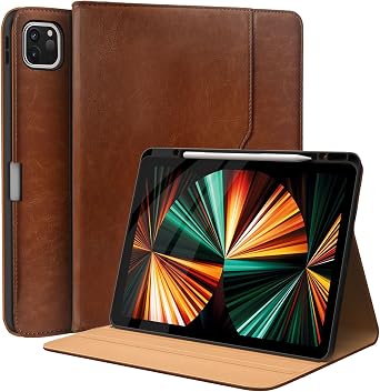 Premium PU Leather Folio Cover for iPad Pro 12.9 Inch M2 3rd/4th/5th/6th Generation, MultiAngle Stand with Pencil Holder & Card Pocket, Auto Wake/Sleep Slim Protective Tablet Case, Brown