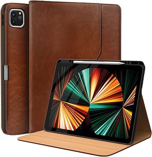 Cases for iPad Pro 12.9 Case 6th/5th/4th/3rd Generation 2022/2021/2020/2018 - Protective Multi-Angle Folio with Pencil Holder & Pocket - Auto Wake/Sleep, Premium PU Leather Cover - Brown