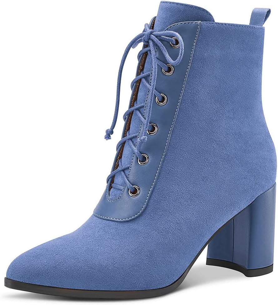 Aachcol Women Chunky Block Mid High Heel Ankle Boots Short Bootie Lace-up Close Pointed Toe Shoes Suede 3 Inch