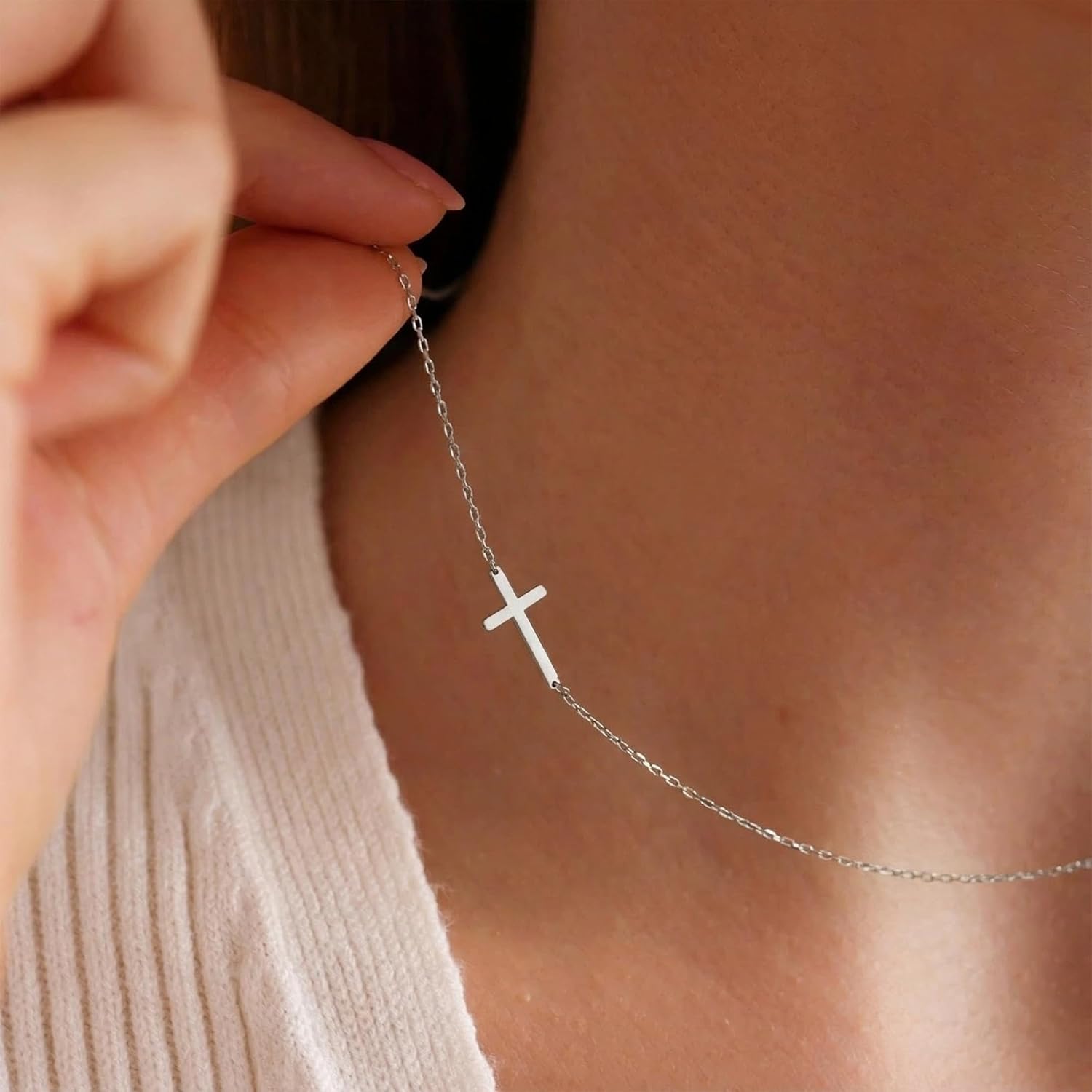 AllenCOCO Sterling Silver Cross Necklace for Women, 14K Gold or Silver Dainty Small Cross Pendant Choker Simple Trendy Cute Cross Charm Chain Easter Baptism Religious Faith Jewelry Gift - Image 2