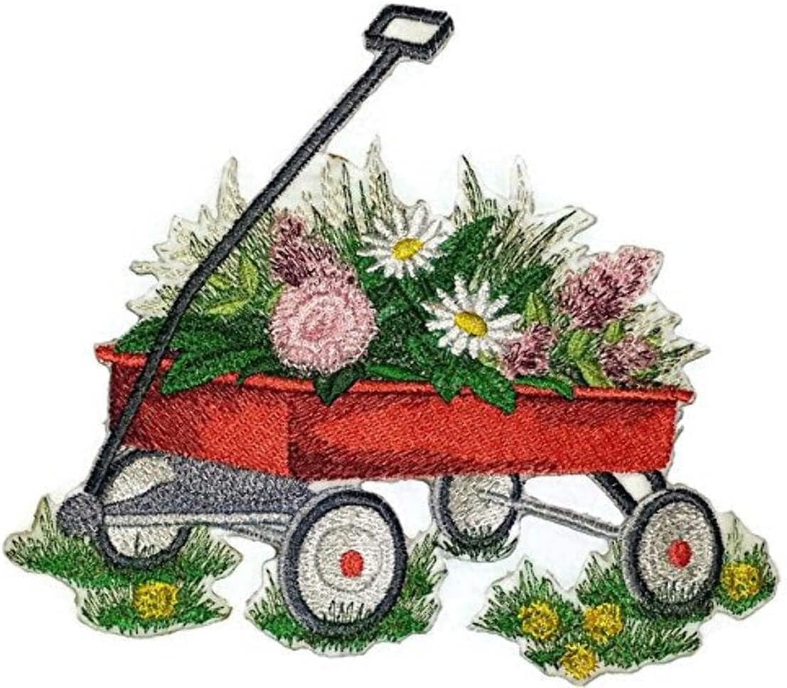 BeyondVision Custom and Unique Spring Blooms with Vase[Little Red Wagon with Flowers ] Embroidered Iron on/Sew Patch [5.48" * 4.86"] [Made in USA]