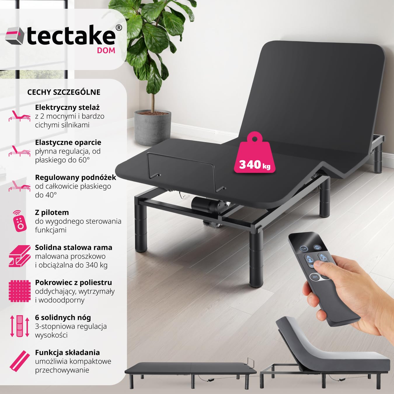 tectake® Elektryczny Stelaż do Łóżka, z Dwoma Mocnymi i Cichymi Silnikami, Regulacja Oparcia i Podnóżka, Sterowanie Pilotem, Wytrzymała Stalowa Konstrukcja, Nogi z Regulacją Wysokości, 90 X 200 cm