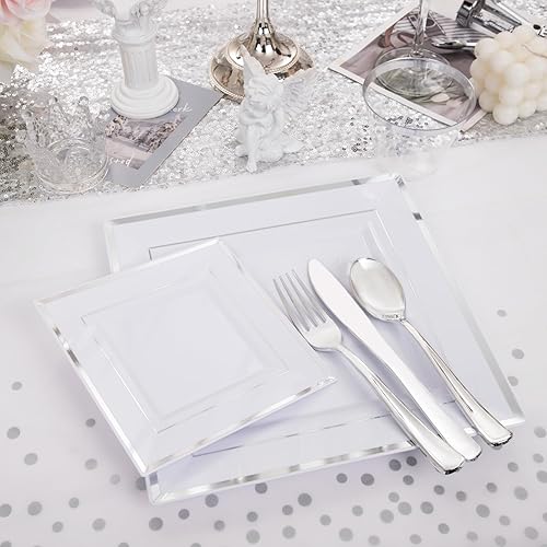 Miniatura 5 de 176 platos de plástico plateado  Platos cuadrados de fiesta, tazas y servilletas platos llanos, platos de postre, tazas, cubiertos, servilletas, 1