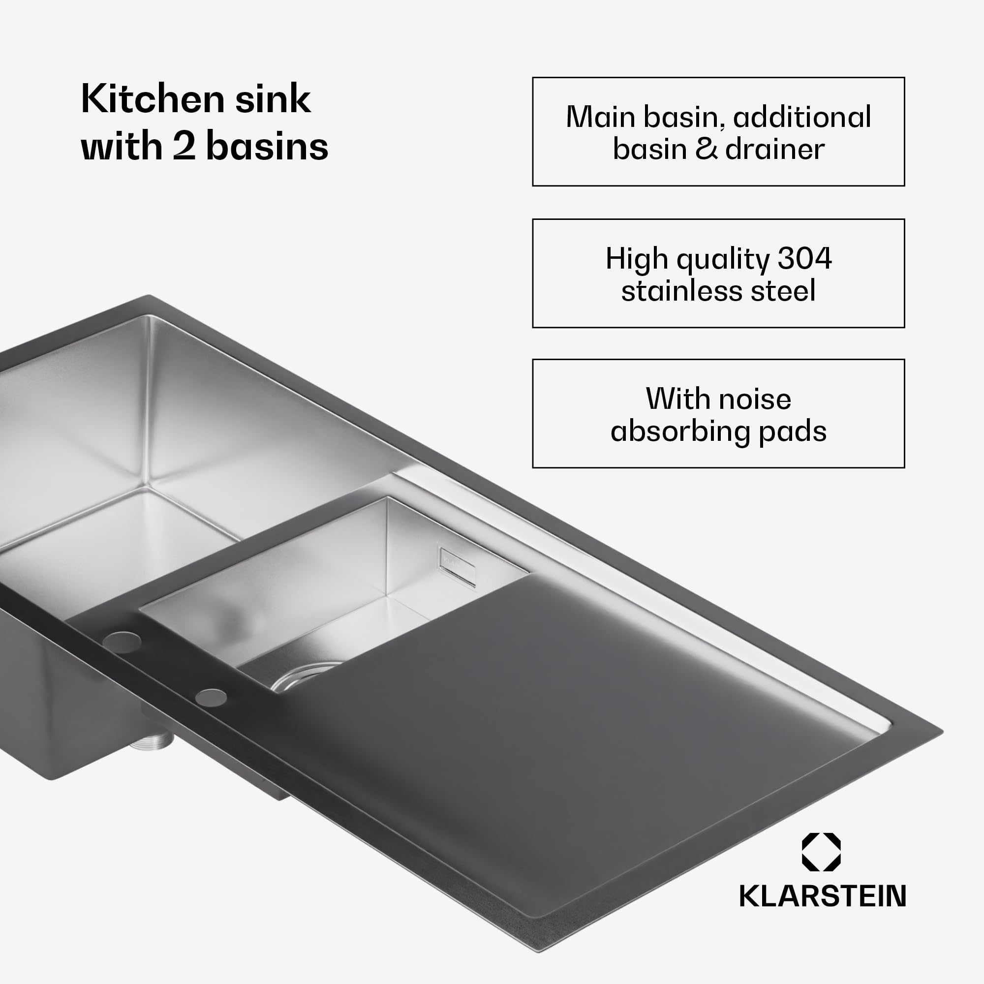 Klarstein Umywalka ze stali nierdzewnej 100 x 45 cm do kuchni, z przelewem i sitkiem - idealny rozmiar i materiał do Twoich potrzeb kuchennych - idealna do kranu w Twojej kuchni