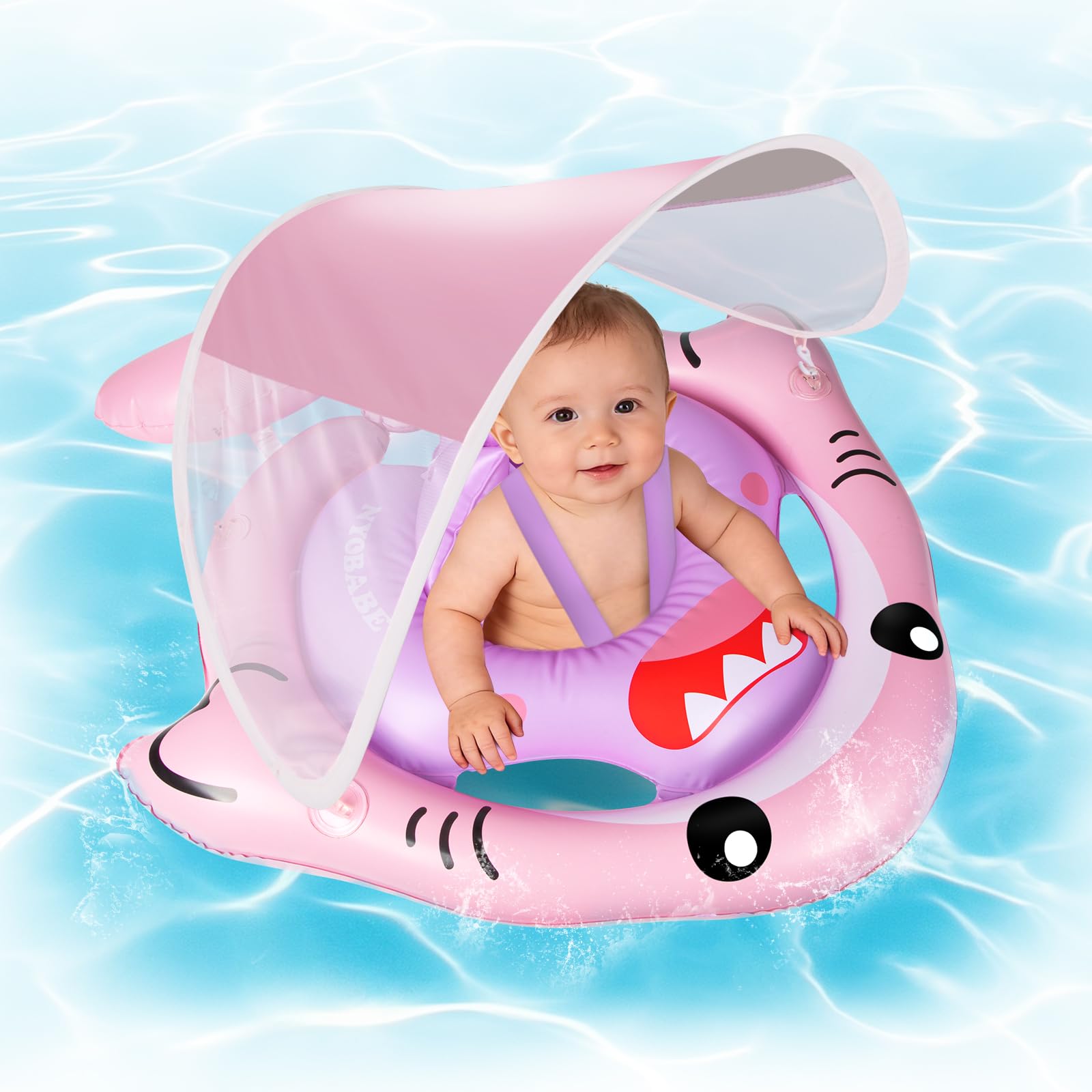 NYOBABE Salvagente Neonato con Parasole SPF 50+, Ciambella Neonato Mare 6-36 Mesi con Camera d'aria Posteriore Anti-Ribaltamento, Salvagente Bambini 9-15Kgs