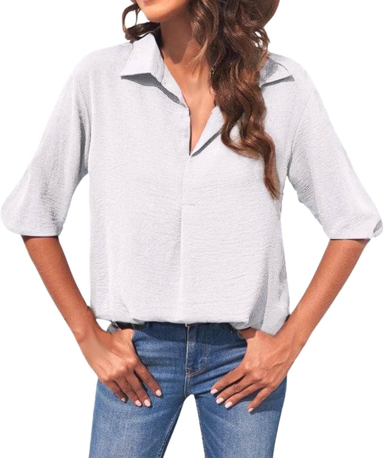 SEMARO Womens Casual Chiffon Blouse Long Sleeve V Neck Shirt Soft Loose Fit Tunic Tops for Women