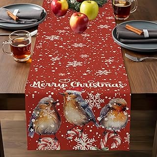 Table Runner 72 Inches Long, Christmas Watercolor Robins Bird Linen Table Runners Dresser Scarf Runner for Bedroom Kitchen Home Party Dining Tables Decor Winter Snowflake on Red