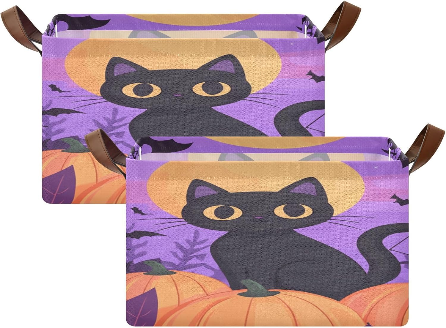 Halloween Cat Purple 2 Pack Fabric Storage Bins for Shelves Collapsible Cube Storage Bin Basket Storage Cubes with Handle Under The Bed Storage Bins for Home Office Closet Clothes