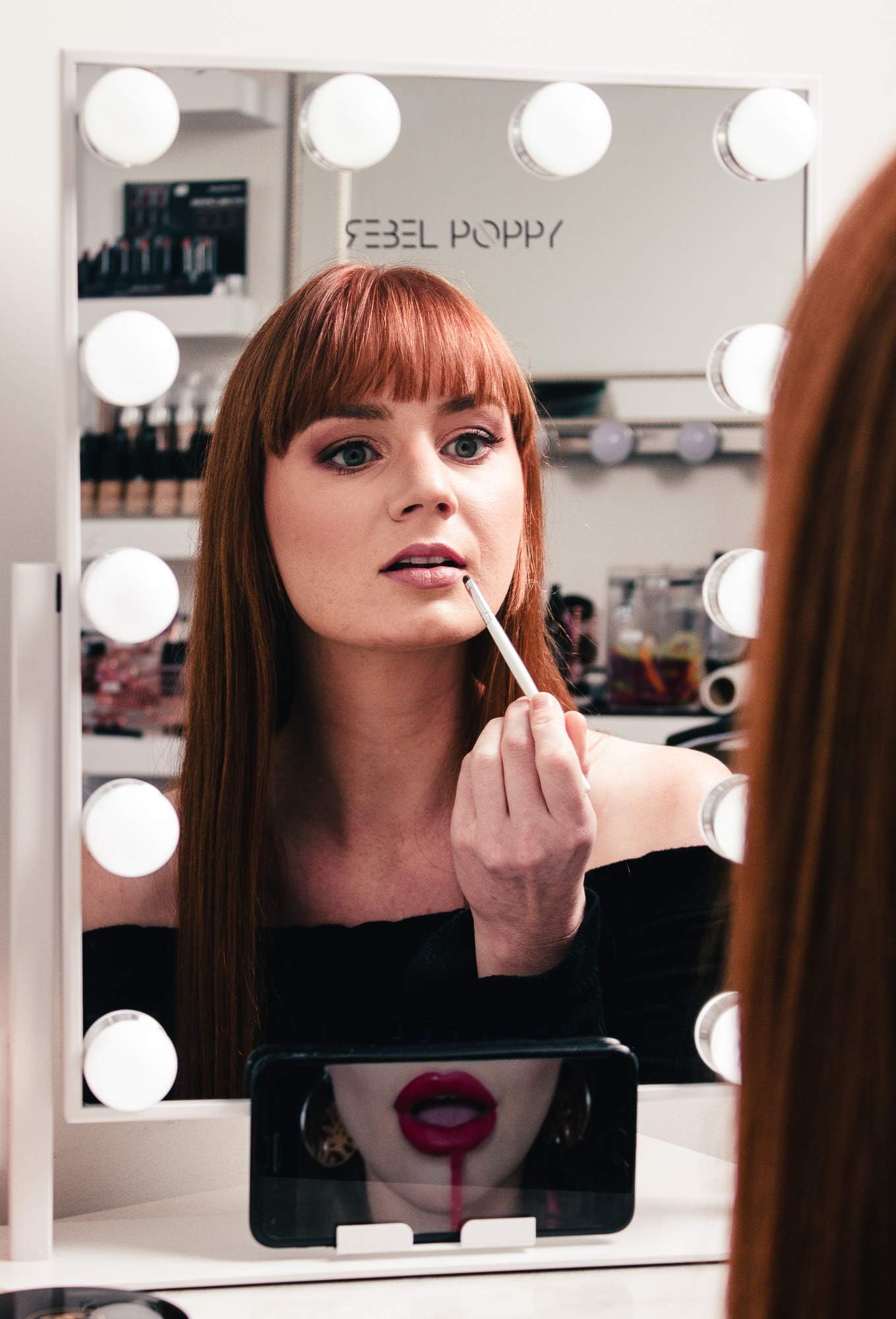 Rebel Poppy Makeup Vanity Mirror with Lights - Lighted Cosmetic Vanity Mirror with Phone Holder, 3 Colour Touch Control with Dimmable LED Bulbs, Hollywood Style Makeup Mirror, White